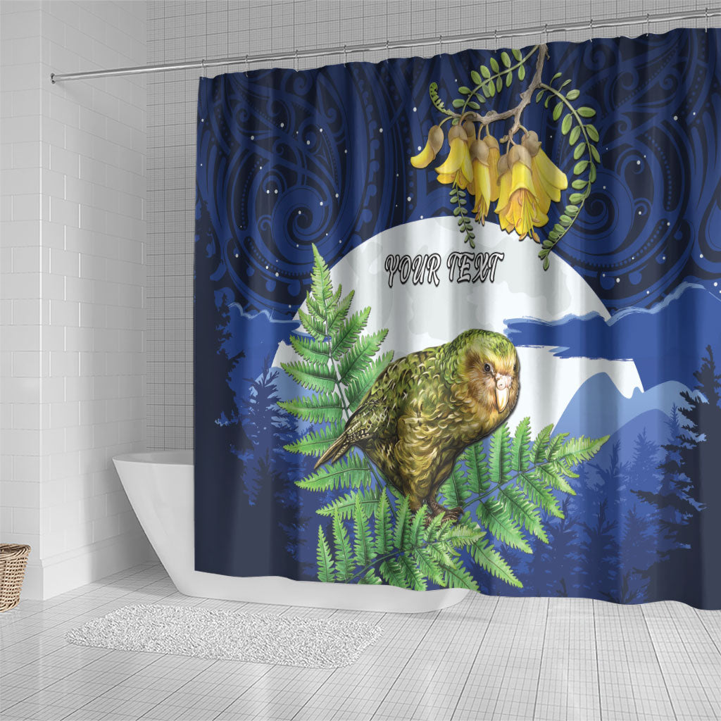 Kakapo New Zealand Personalised Shower Curtain Kowhai Flower Silver Fern Maori Pattern