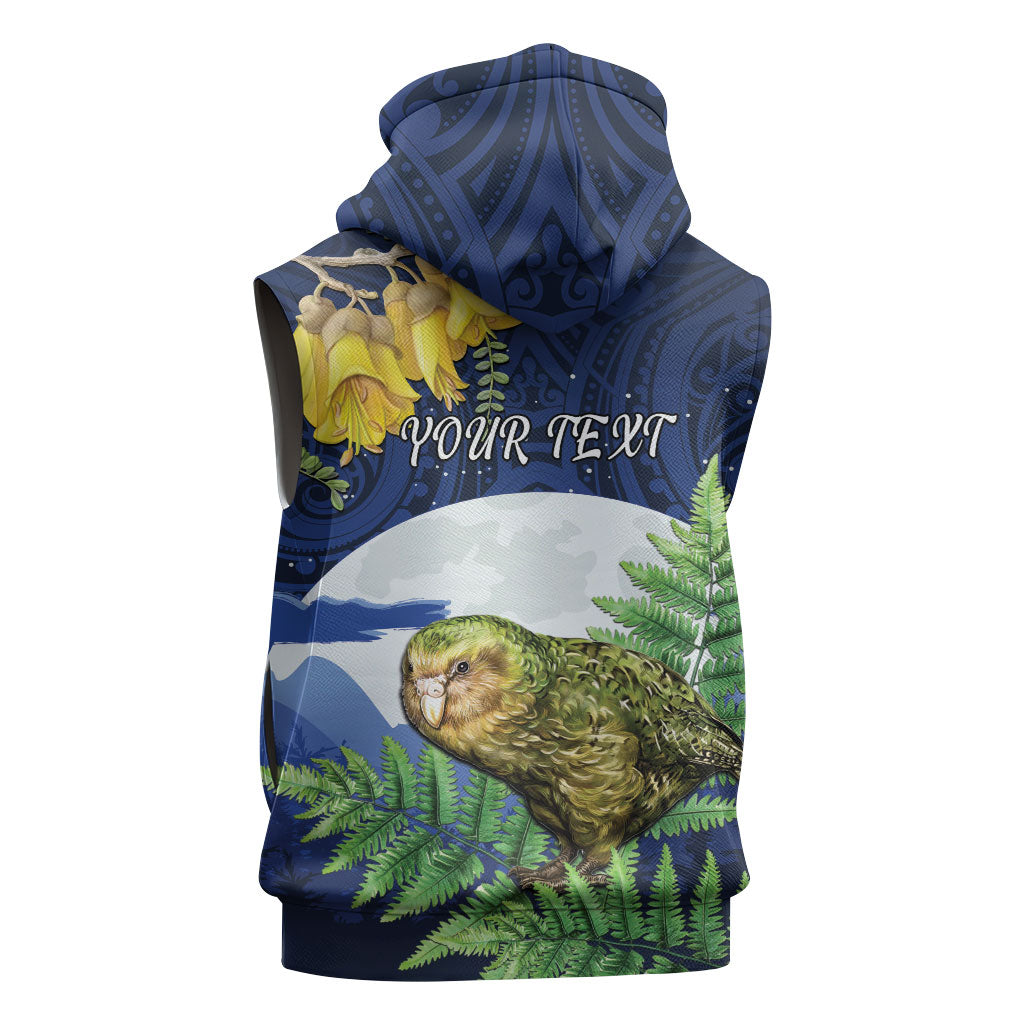 Kakapo New Zealand Personalised Sleeveless Hoodie Kowhai Flower Silver Fern Maori Pattern