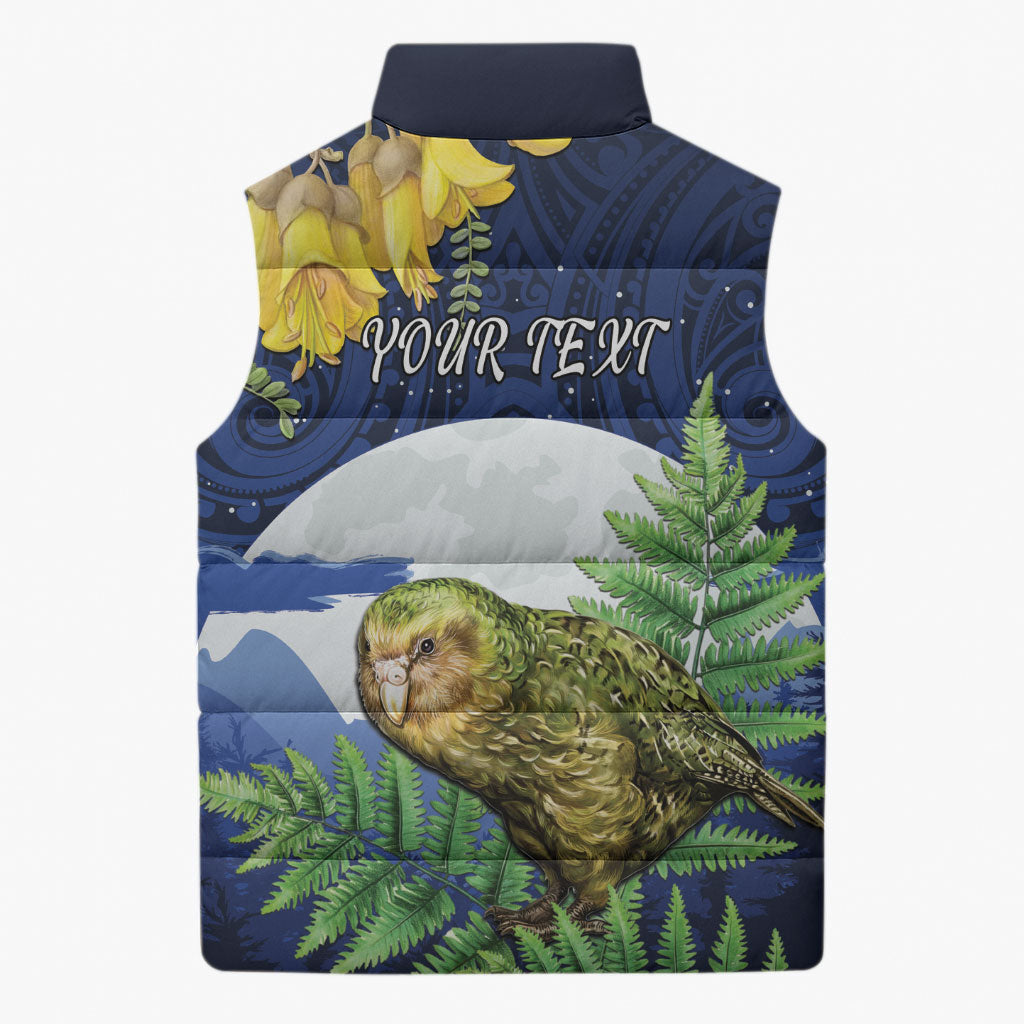 Kakapo New Zealand Personalised Sleeveless Puffer Jacket Kowhai Flower Silver Fern Maori Pattern