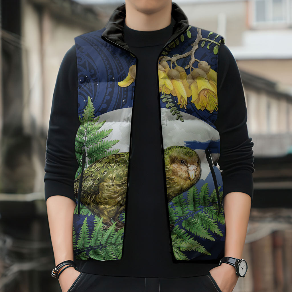 Kakapo New Zealand Personalised Sleeveless Puffer Jacket Kowhai Flower Silver Fern Maori Pattern