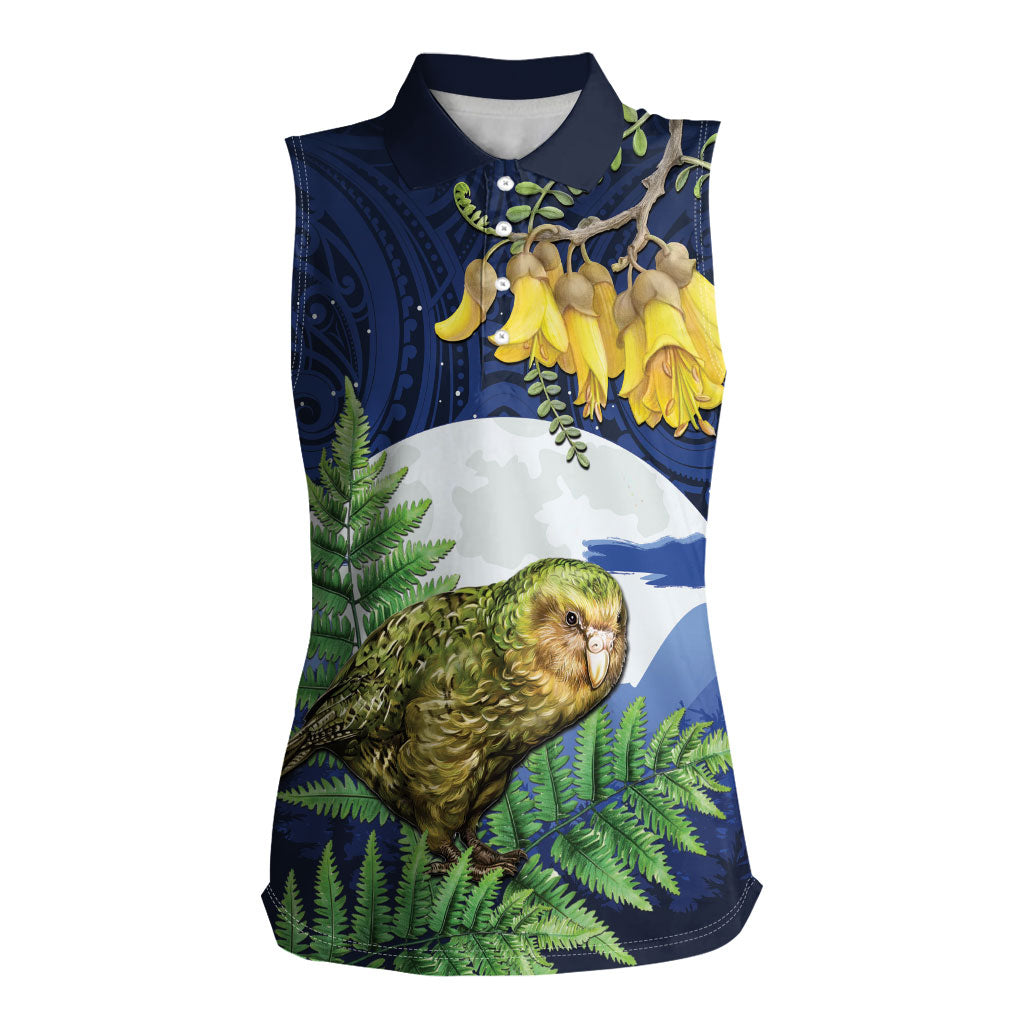 Kakapo New Zealand Personalised Women Sleeveless Polo Shirt Kowhai Flower Silver Fern Maori Pattern LT22 Female Blue - Polynesian Pride