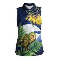 Kakapo New Zealand Personalised Women Sleeveless Polo Shirt Kowhai Flower Silver Fern Maori Pattern LT22 Female Blue - Polynesian Pride