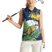 Kakapo New Zealand Personalised Women Sleeveless Polo Shirt Kowhai Flower Silver Fern Maori Pattern LT22 - Polynesian Pride