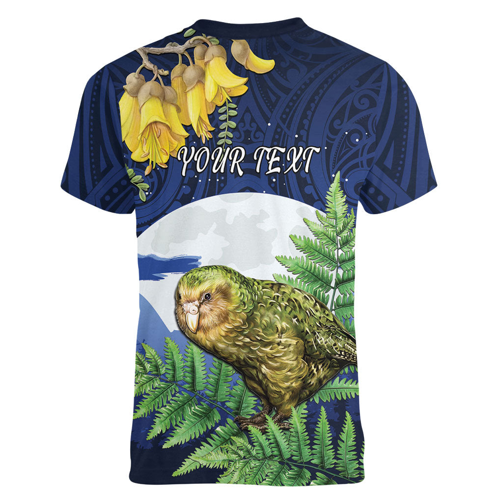Kakapo New Zealand Personalised Women V-Neck T-Shirt Kowhai Flower Silver Fern Maori Pattern LT22 - Polynesian Pride