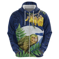 Kakapo New Zealand Personalised Zip Hoodie Kowhai Flower Silver Fern Maori Pattern