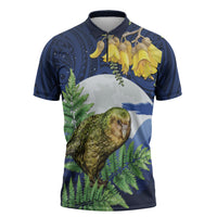 Kakapo New Zealand Personalised Zipper Polo Shirt Kowhai Flower Silver Fern Maori Pattern