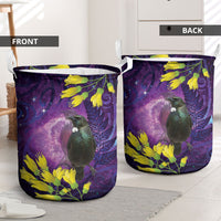 New Zealand Tui Bird Matariki Laundry Basket Kowhai Flower Silver Fern Galaxy Maori Pattern