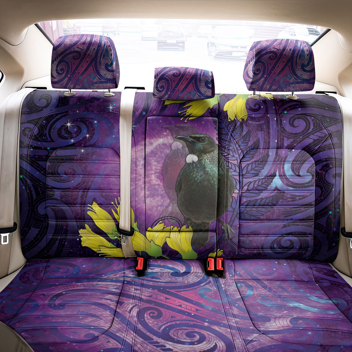 New Zealand Tui Bird Matariki Back Car Seat Cover Kowhai Flower Silver Fern Galaxy Maori Pattern