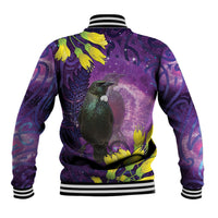 New Zealand Tui Bird Matariki Baseball Jacket Kowhai Flower Silver Fern Galaxy Maori Pattern