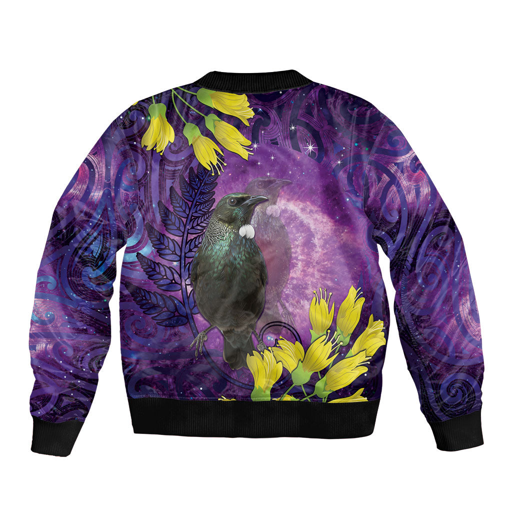 New Zealand Tui Bird Matariki Bomber Jacket Kowhai Flower Silver Fern Galaxy Maori Pattern