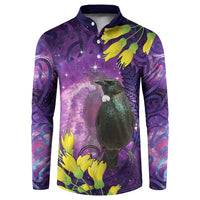 New Zealand Tui Bird Matariki Button Sweatshirt Kowhai Flower Silver Fern Galaxy Maori Pattern