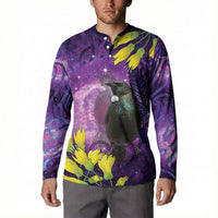 New Zealand Tui Bird Matariki Button Sweatshirt Kowhai Flower Silver Fern Galaxy Maori Pattern