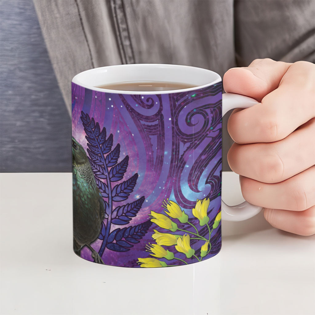 New Zealand Tui Bird Matariki Ceramic Mug Kowhai Flower Silver Fern Galaxy Maori Pattern