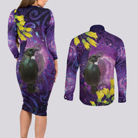 New Zealand Tui Bird Matariki Couples Matching Long Sleeve Bodycon Dress and Long Sleeve Button Shirt Kowhai Flower Silver Fern Galaxy Maori Pattern LT22 - Polynesian Pride