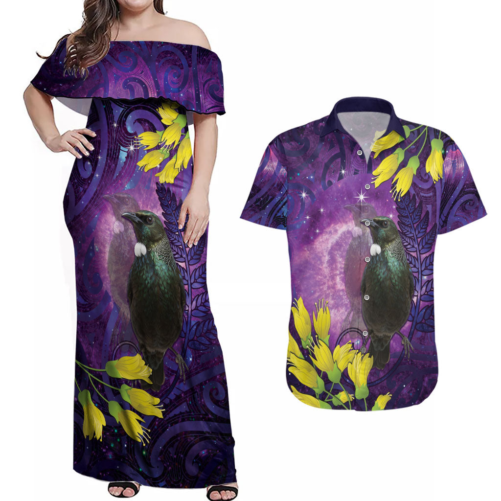 New Zealand Tui Bird Matariki Couples Matching Off Shoulder Maxi Dress and Hawaiian Shirt Kowhai Flower Silver Fern Galaxy Maori Pattern
