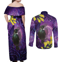 New Zealand Tui Bird Matariki Couples Matching Off Shoulder Maxi Dress and Long Sleeve Button Shirt Kowhai Flower Silver Fern Galaxy Maori Pattern LT22 - Polynesian Pride