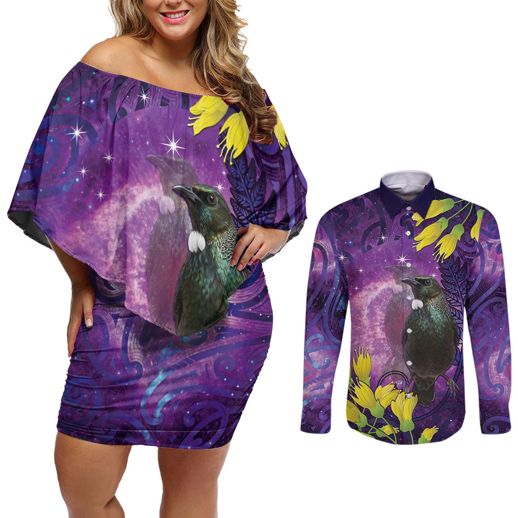 New Zealand Tui Bird Matariki Couples Matching Off Shoulder Short Dress and Long Sleeve Button Shirt Kowhai Flower Silver Fern Galaxy Maori Pattern