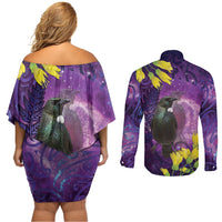 New Zealand Tui Bird Matariki Couples Matching Off Shoulder Short Dress and Long Sleeve Button Shirt Kowhai Flower Silver Fern Galaxy Maori Pattern LT22 - Polynesian Pride