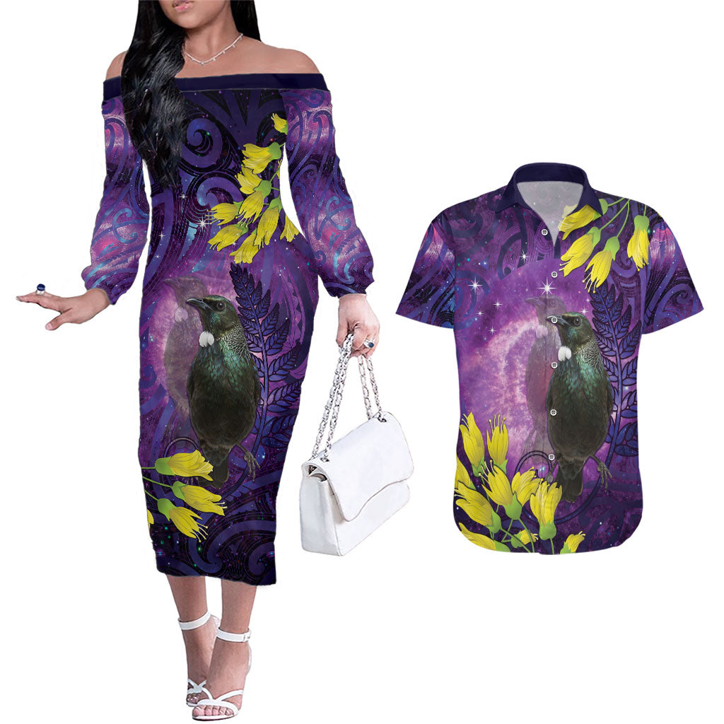 New Zealand Tui Bird Matariki Couples Matching Off The Shoulder Long Sleeve Dress and Hawaiian Shirt Kowhai Flower Silver Fern Galaxy Maori Pattern LT22 Purple - Polynesian Pride