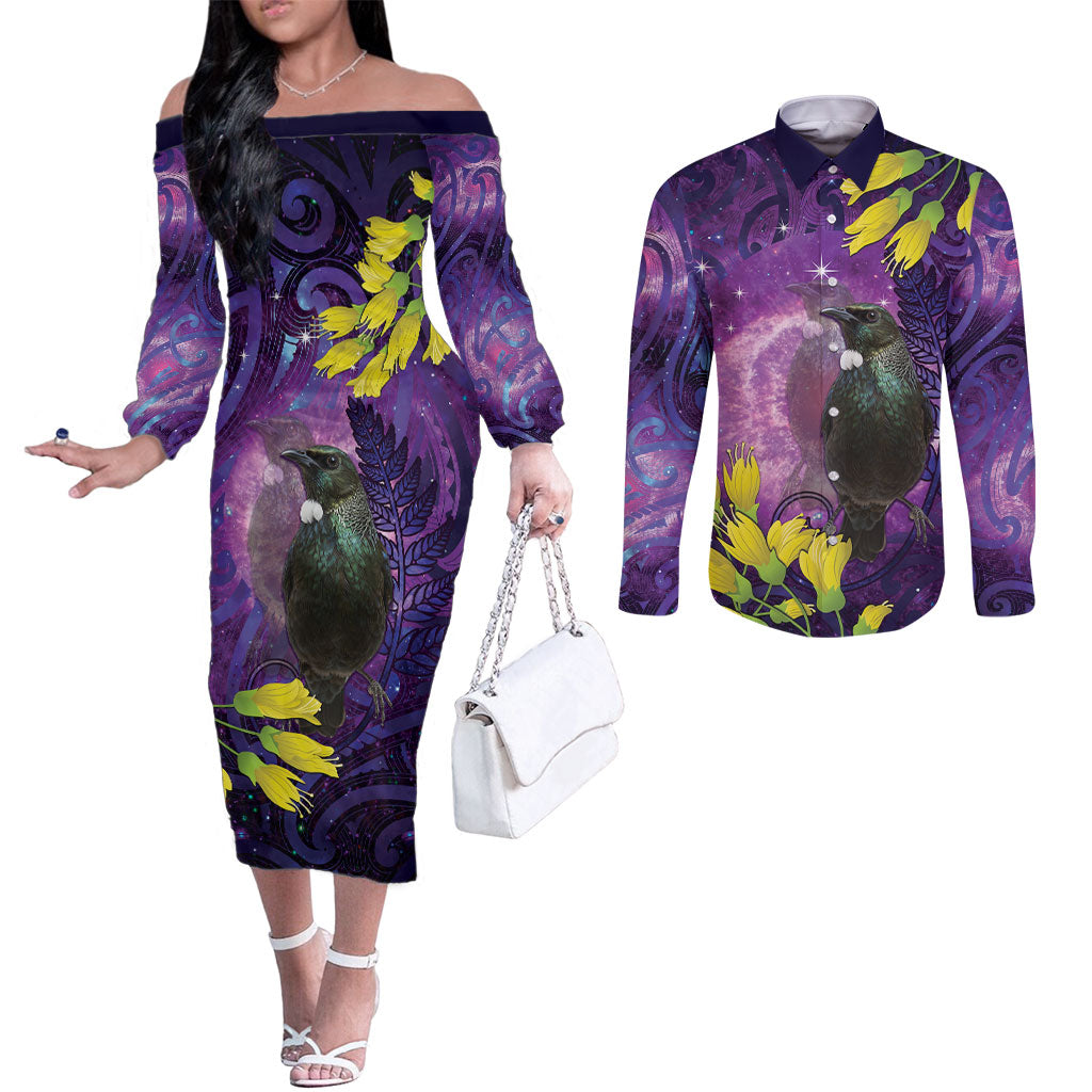 New Zealand Tui Bird Matariki Couples Matching Off The Shoulder Long Sleeve Dress and Long Sleeve Button Shirt Kowhai Flower Silver Fern Galaxy Maori Pattern