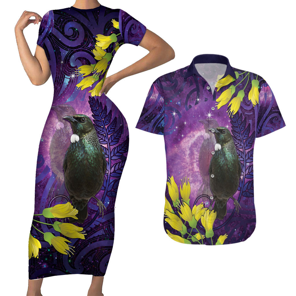 New Zealand Tui Bird Matariki Couples Matching Short Sleeve Bodycon Dress and Hawaiian Shirt Kowhai Flower Silver Fern Galaxy Maori Pattern