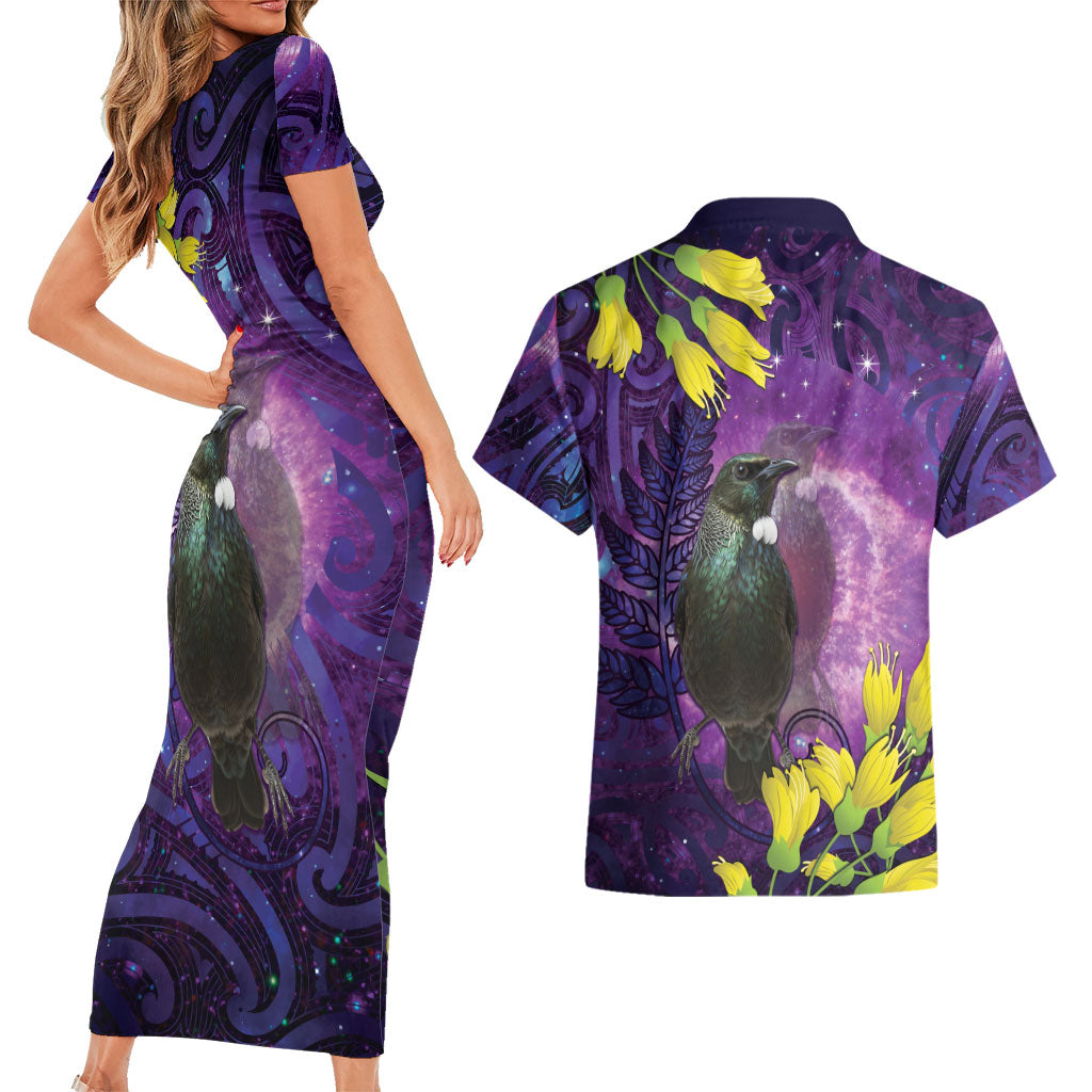 New Zealand Tui Bird Matariki Couples Matching Short Sleeve Bodycon Dress and Hawaiian Shirt Kowhai Flower Silver Fern Galaxy Maori Pattern LT22 - Polynesian Pride