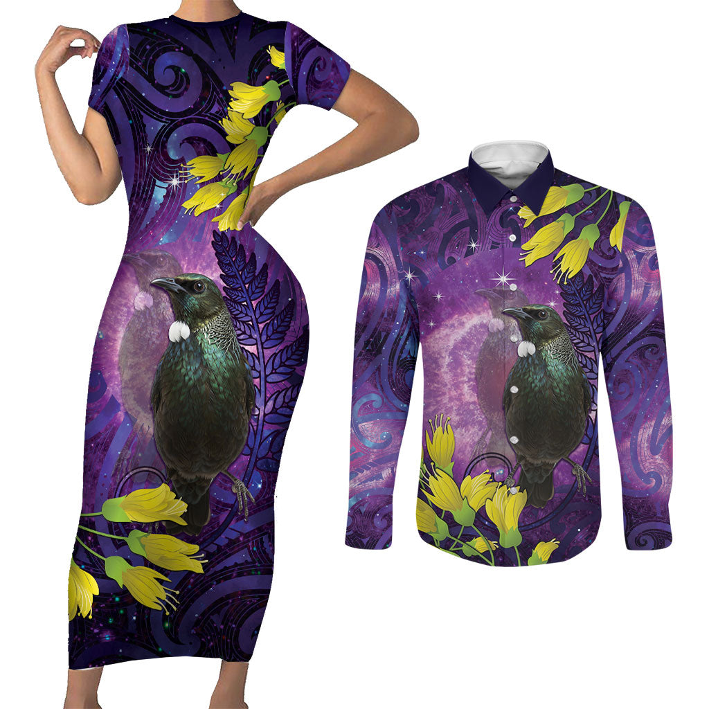 New Zealand Tui Bird Matariki Couples Matching Short Sleeve Bodycon Dress and Long Sleeve Button Shirt Kowhai Flower Silver Fern Galaxy Maori Pattern LT22 Purple - Polynesian Pride