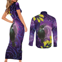 New Zealand Tui Bird Matariki Couples Matching Short Sleeve Bodycon Dress and Long Sleeve Button Shirt Kowhai Flower Silver Fern Galaxy Maori Pattern LT22 - Polynesian Pride