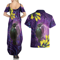 New Zealand Tui Bird Matariki Couples Matching Summer Maxi Dress and Hawaiian Shirt Kowhai Flower Silver Fern Galaxy Maori Pattern LT22 - Polynesian Pride
