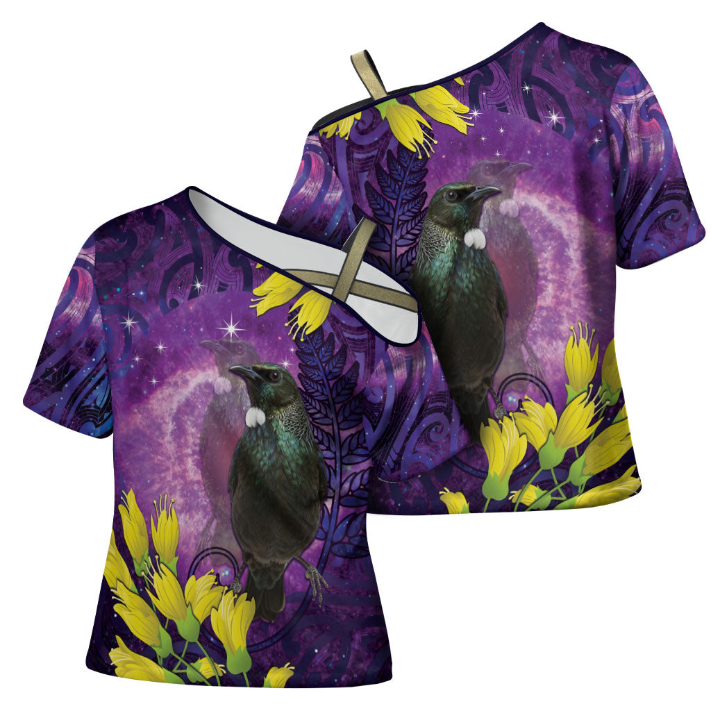 New Zealand Tui Bird Matariki Cross Shoulder Shirt Kowhai Flower Silver Fern Galaxy Maori Pattern