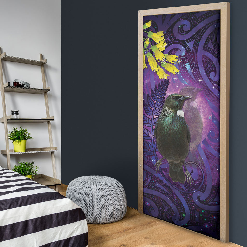 New Zealand Tui Bird Matariki Door Cover Kowhai Flower Silver Fern Galaxy Maori Pattern