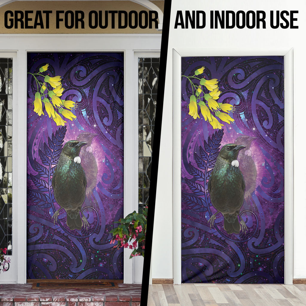 New Zealand Tui Bird Matariki Door Cover Kowhai Flower Silver Fern Galaxy Maori Pattern