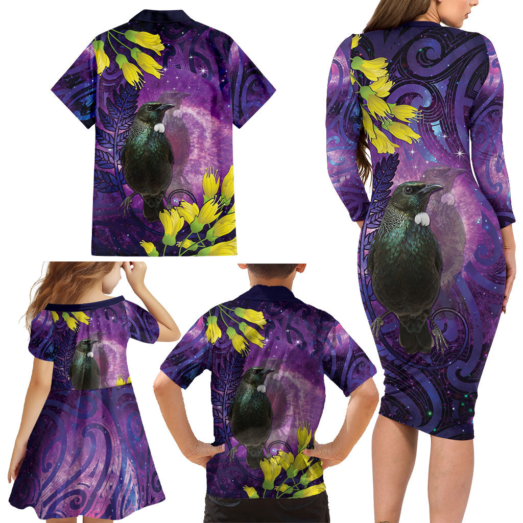 New Zealand Tui Bird Matariki Family Matching Long Sleeve Bodycon Dress and Hawaiian Shirt Kowhai Flower Silver Fern Galaxy Maori Pattern LT22 - Polynesian Pride