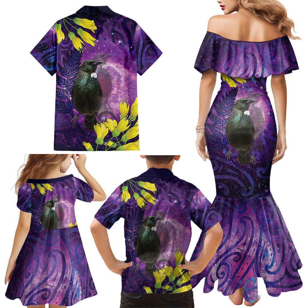 New Zealand Tui Bird Matariki Family Matching Mermaid Dress and Hawaiian Shirt Kowhai Flower Silver Fern Galaxy Maori Pattern LT22 - Polynesian Pride