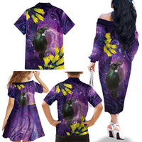New Zealand Tui Bird Matariki Family Matching Off The Shoulder Long Sleeve Dress and Hawaiian Shirt Kowhai Flower Silver Fern Galaxy Maori Pattern LT22 - Polynesian Pride