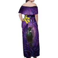 New Zealand Tui Bird Matariki Family Matching Off Shoulder Maxi Dress and Hawaiian Shirt Kowhai Flower Silver Fern Galaxy Maori Pattern LT22 - Polynesian Pride