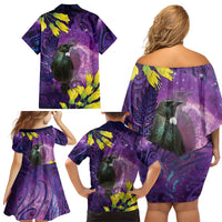 New Zealand Tui Bird Matariki Family Matching Off Shoulder Short Dress and Hawaiian Shirt Kowhai Flower Silver Fern Galaxy Maori Pattern LT22 - Polynesian Pride