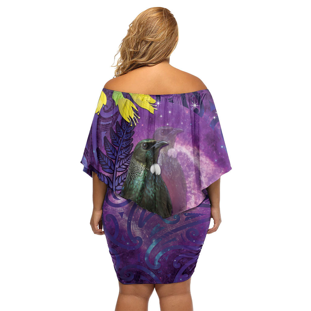 New Zealand Tui Bird Matariki Family Matching Off Shoulder Short Dress and Hawaiian Shirt Kowhai Flower Silver Fern Galaxy Maori Pattern LT22 - Polynesian Pride