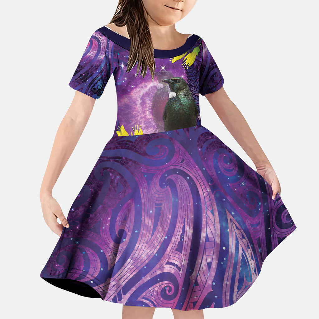 New Zealand Tui Bird Matariki Family Matching Puletasi and Hawaiian Shirt Kowhai Flower Silver Fern Galaxy Maori Pattern LT22 Daughter's Dress Purple - Polynesian Pride
