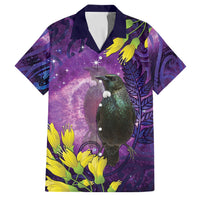 New Zealand Tui Bird Matariki Family Matching Puletasi and Hawaiian Shirt Kowhai Flower Silver Fern Galaxy Maori Pattern LT22 Dad's Shirt - Short Sleeve Purple - Polynesian Pride