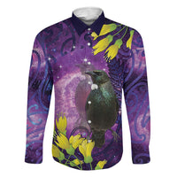 New Zealand Tui Bird Matariki Family Matching Puletasi and Hawaiian Shirt Kowhai Flower Silver Fern Galaxy Maori Pattern LT22 Dad's Shirt - Long Sleeve Purple - Polynesian Pride