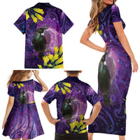 New Zealand Tui Bird Matariki Family Matching Short Sleeve Bodycon Dress and Hawaiian Shirt Kowhai Flower Silver Fern Galaxy Maori Pattern LT22 - Polynesian Pride