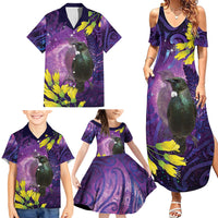 New Zealand Tui Bird Matariki Family Matching Summer Maxi Dress and Hawaiian Shirt Kowhai Flower Silver Fern Galaxy Maori Pattern LT22 - Polynesian Pride