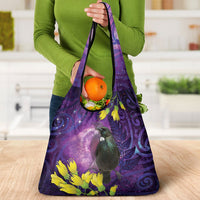 New Zealand Tui Bird Matariki Grocery Bag Kowhai Flower Silver Fern Galaxy Maori Pattern
