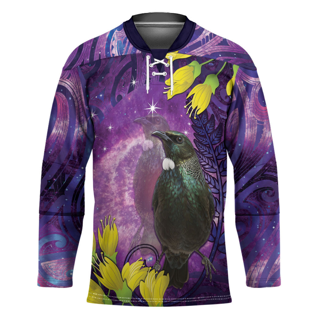 New Zealand Tui Bird Matariki Hockey Jersey Kowhai Flower Silver Fern Galaxy Maori Pattern LT22 Unisex Purple - Polynesian Pride