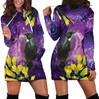 New Zealand Tui Bird Matariki Hoodie Dress Kowhai Flower Silver Fern Galaxy Maori Pattern LT22 - Polynesian Pride
