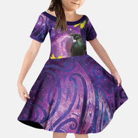 New Zealand Tui Bird Matariki Kid Short Sleeve Dress Kowhai Flower Silver Fern Galaxy Maori Pattern LT22 KID Purple - Polynesian Pride