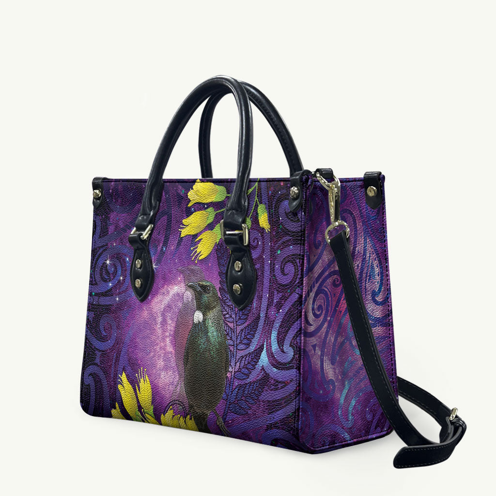 New Zealand Tui Bird Matariki Leather Bag Kowhai Flower Silver Fern Galaxy Maori Pattern
