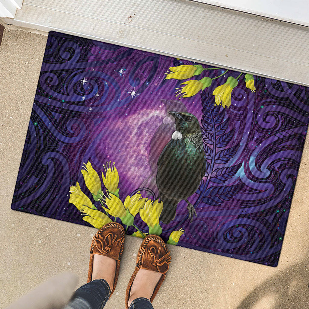 New Zealand Tui Bird Matariki Rubber Doormat Kowhai Flower Silver Fern Galaxy Maori Pattern