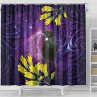 New Zealand Tui Bird Matariki Shower Curtain Kowhai Flower Silver Fern Galaxy Maori Pattern